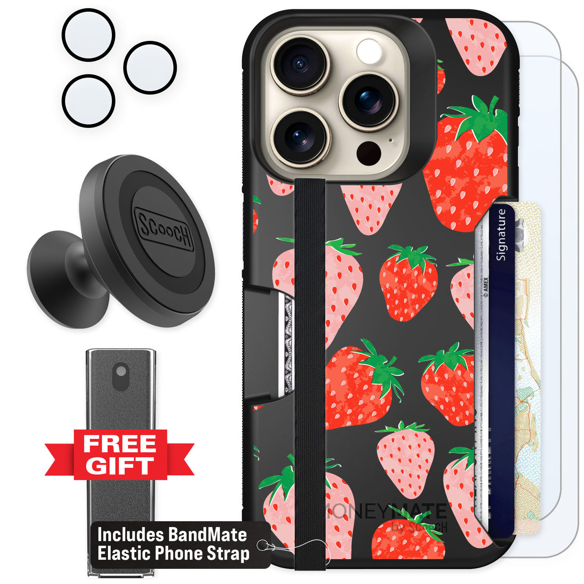 Scooch Moneymate Strawberry Fields for iPhone 15 Pro — Defender Bundle