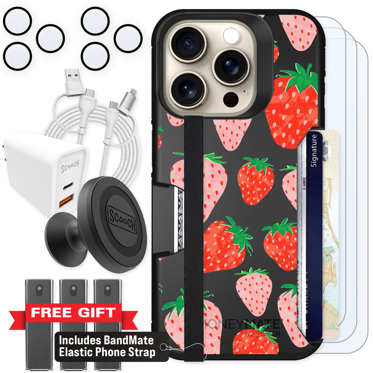 Scooch Moneymate Strawberry Fields for iPhone 15 Pro — Ultimate Bundle