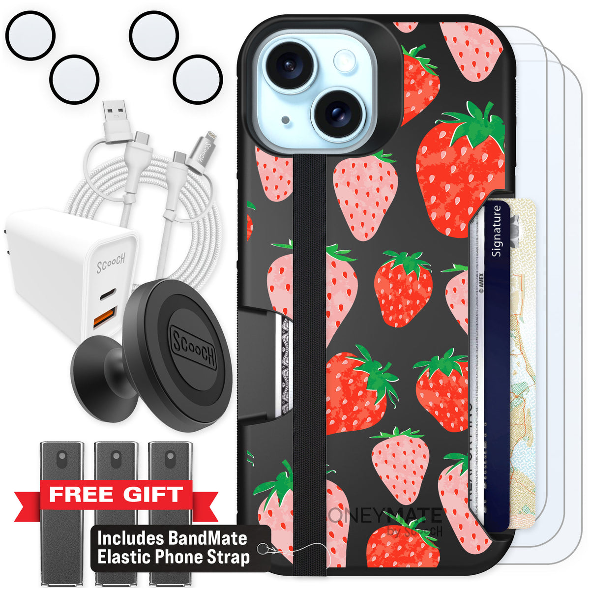 Scooch Moneymate Strawberry Fields for iPhone 15 — Ultimate Bundle