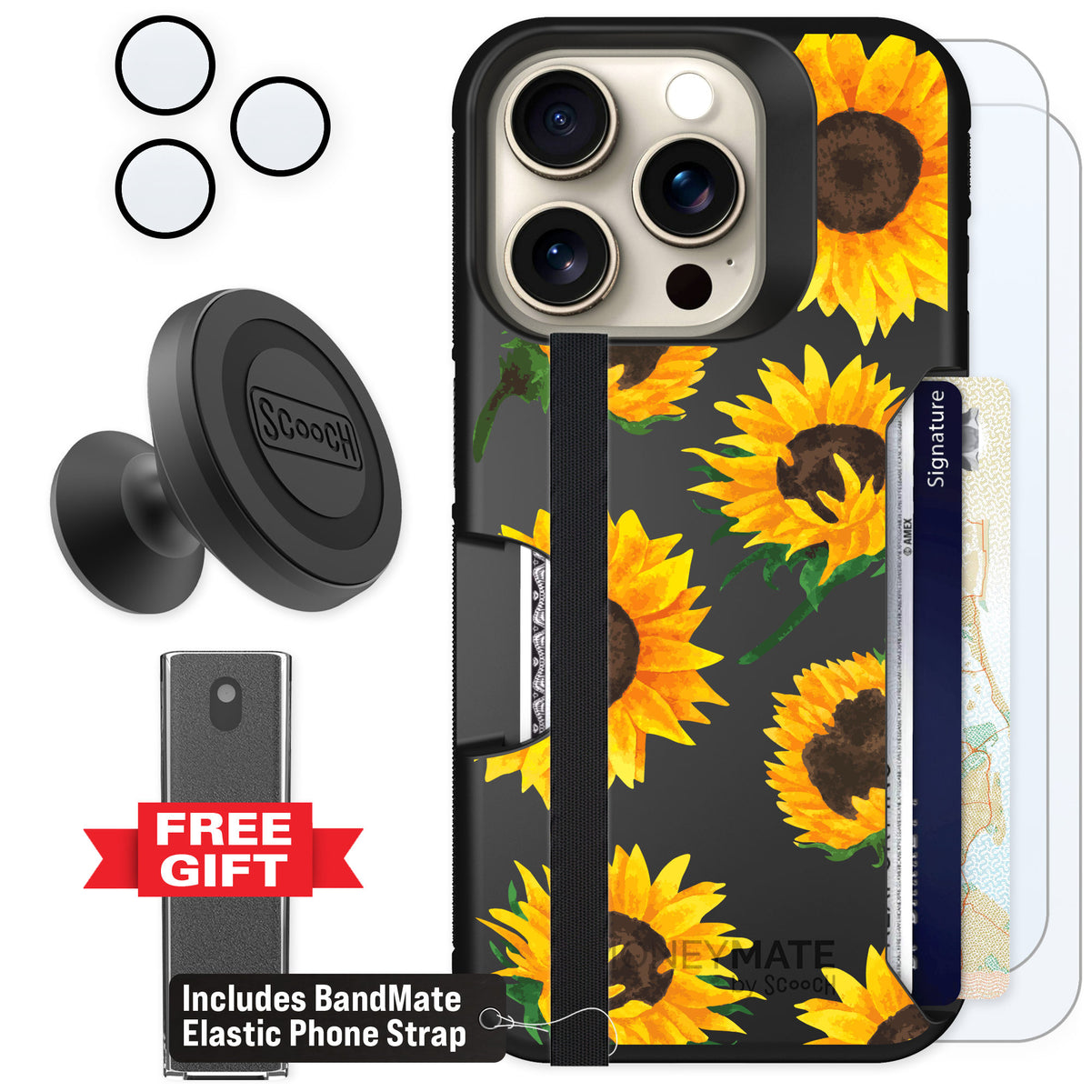 Scooch Moneymate Sunflower Frenzy for iPhone 15 Pro — Defender Bundle