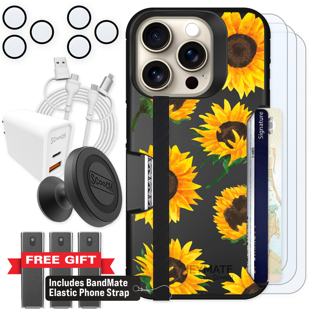 Scooch Moneymate Sunflower Frenzy for iPhone 15 Pro — Ultimate Bundle