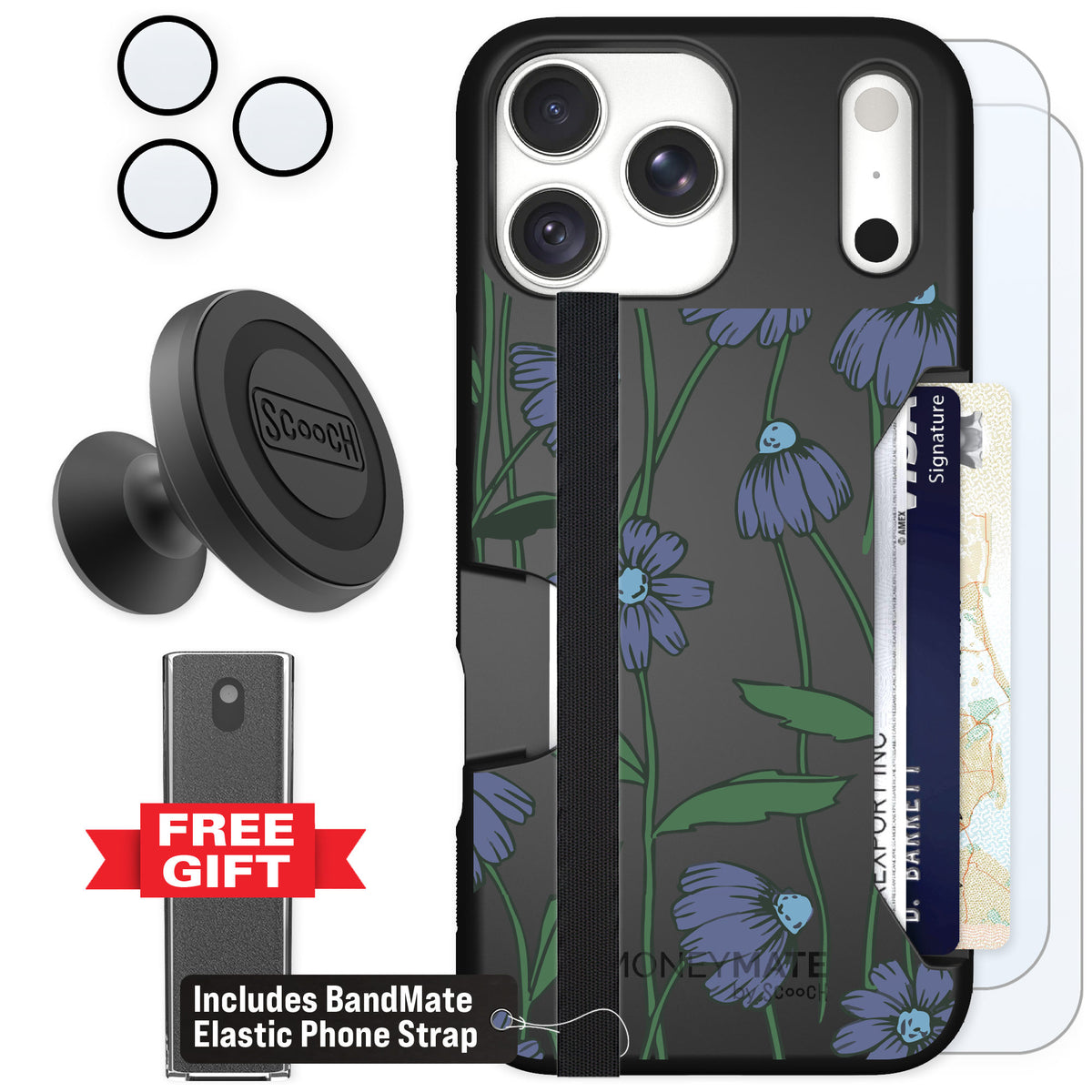 Scooch Moneymate Violet Daisy for iPhone 18 Pro Max — Defender Bundle