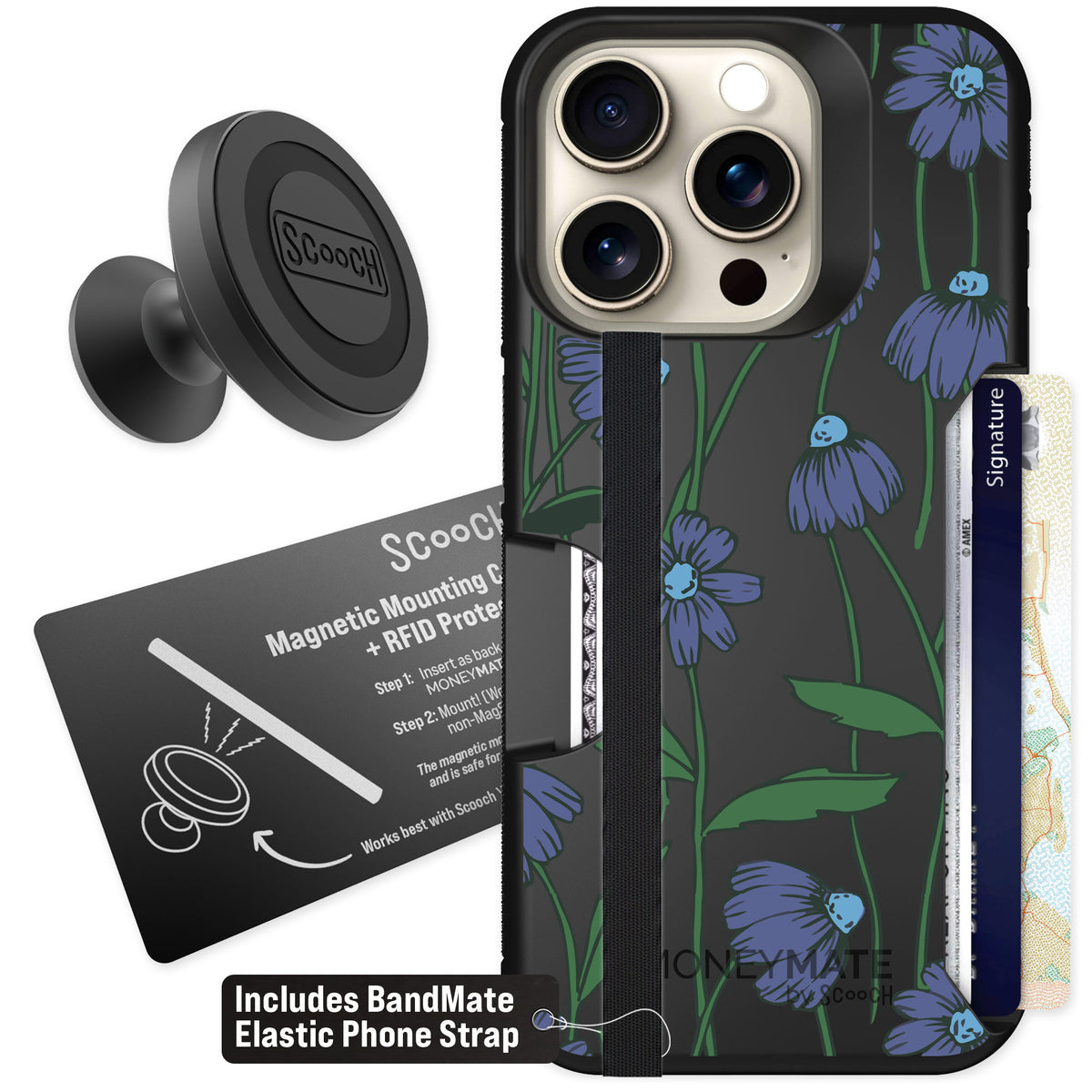 Scooch Moneymate Violet Daisy for iPhone 15 Pro — Starter Bundle