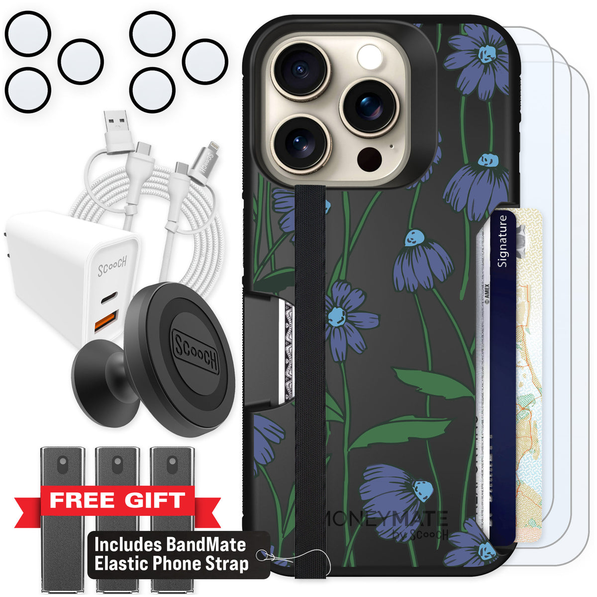 Scooch Moneymate Violet Daisy for iPhone 15 Pro — Ultimate Bundle