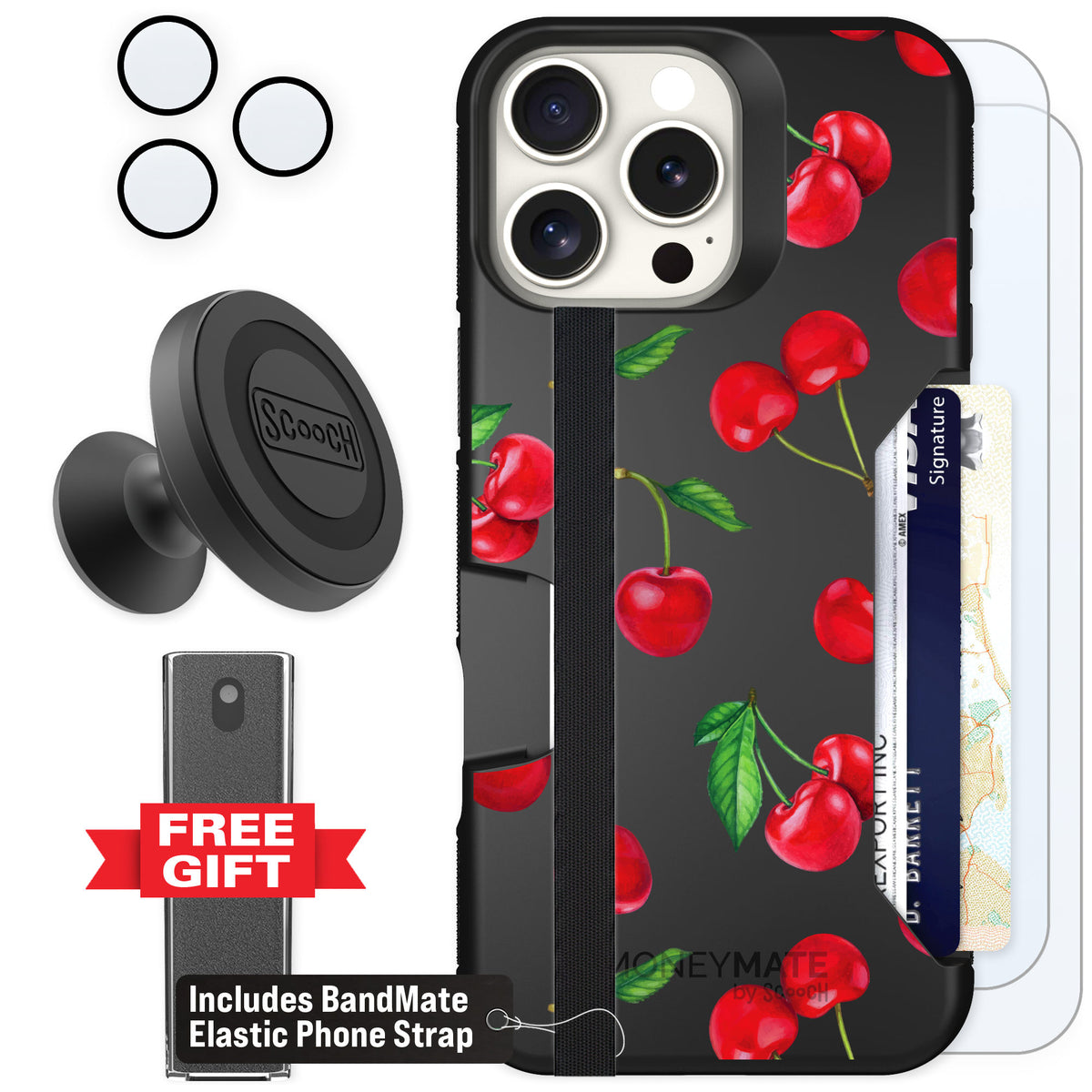 Scooch Moneymate Very Cherry for iPhone 16 Pro Max — Defender Bundle