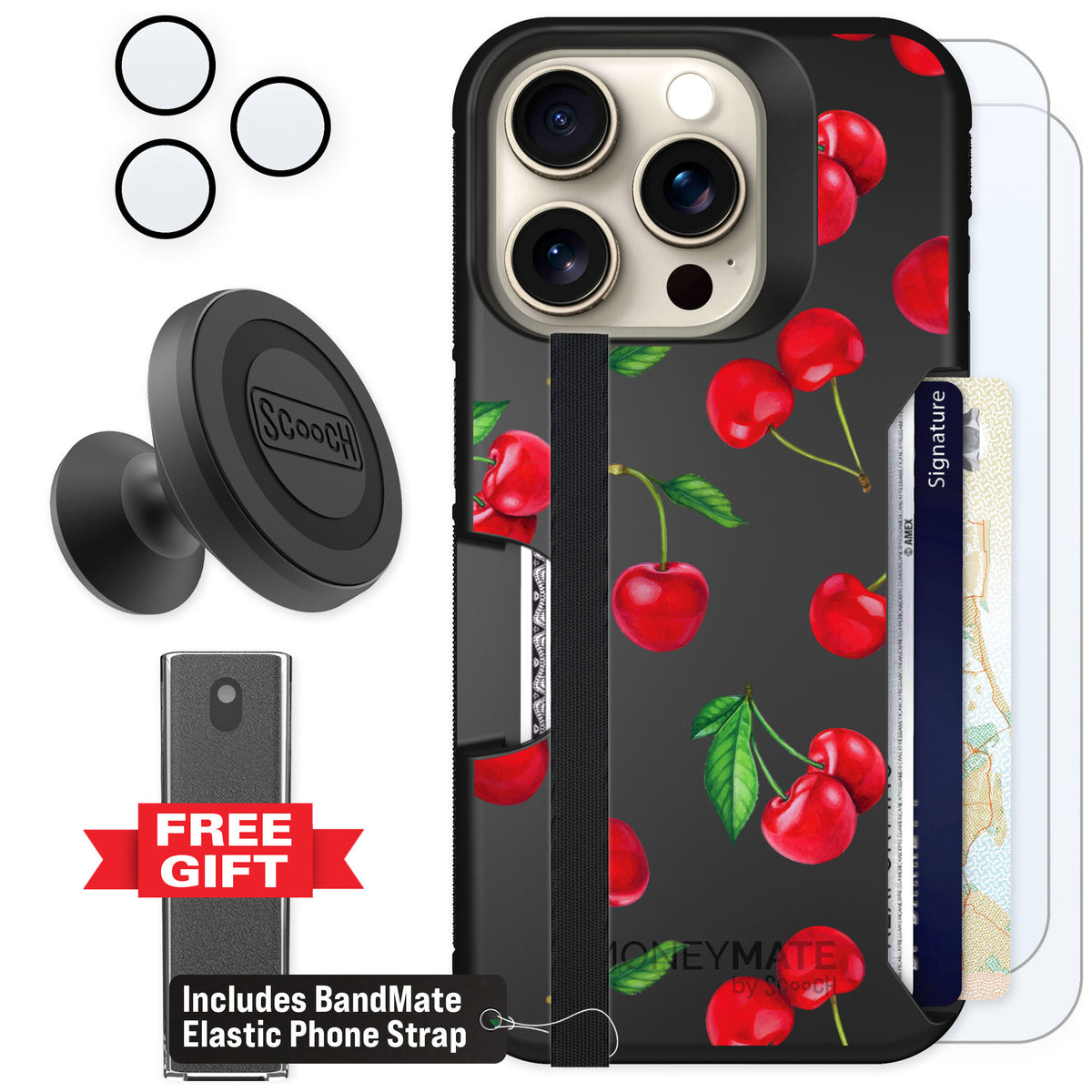Scooch Moneymate Very Cherry for iPhone 15 Pro — Defender Bundle