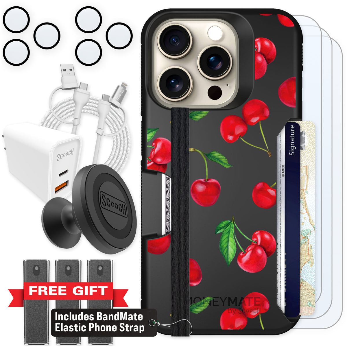 Scooch Moneymate Very Cherry for iPhone 15 Pro — Ultimate Bundle