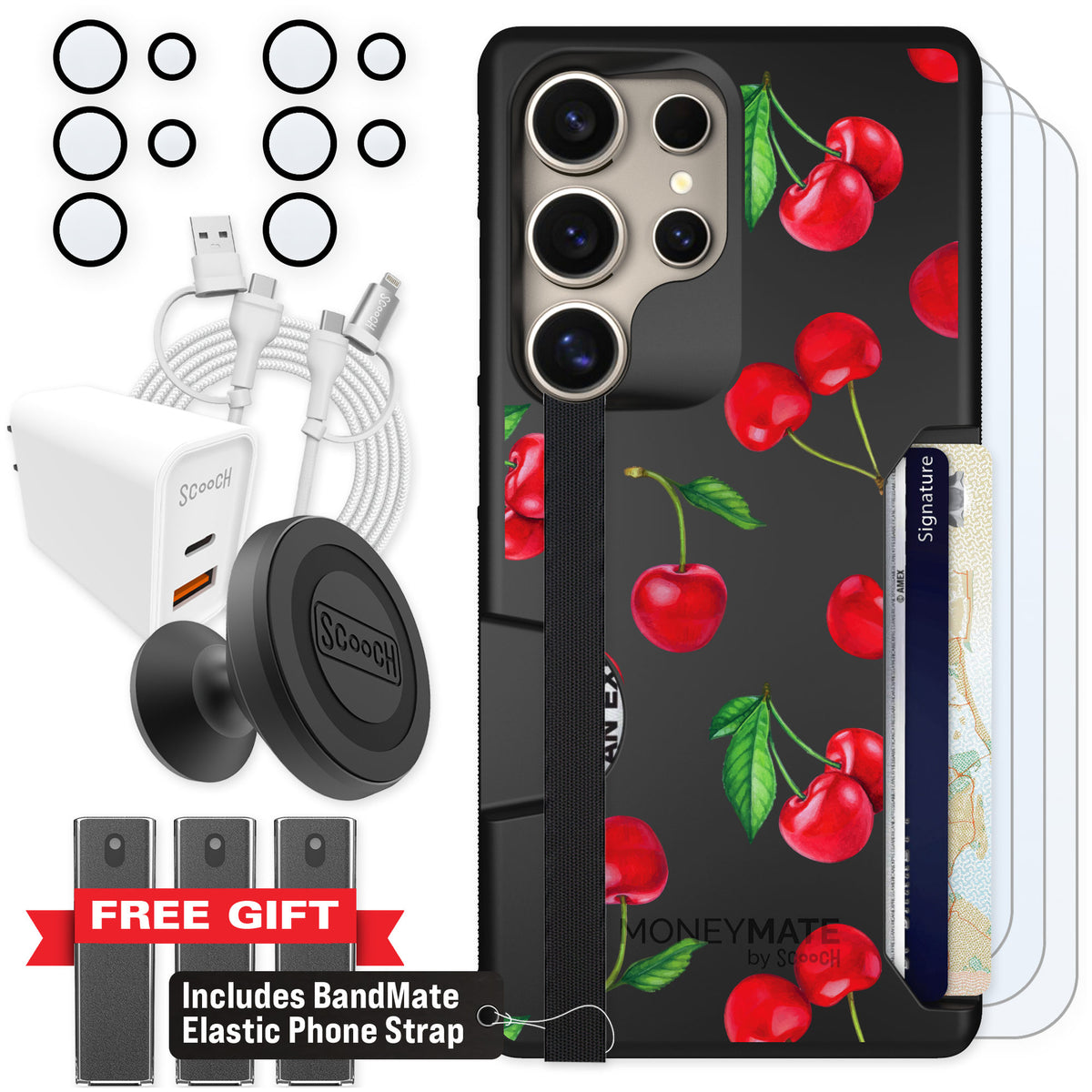Scooch Moneymate Very Cherry for Galaxy S25 Ultra — Ultimate Bundle