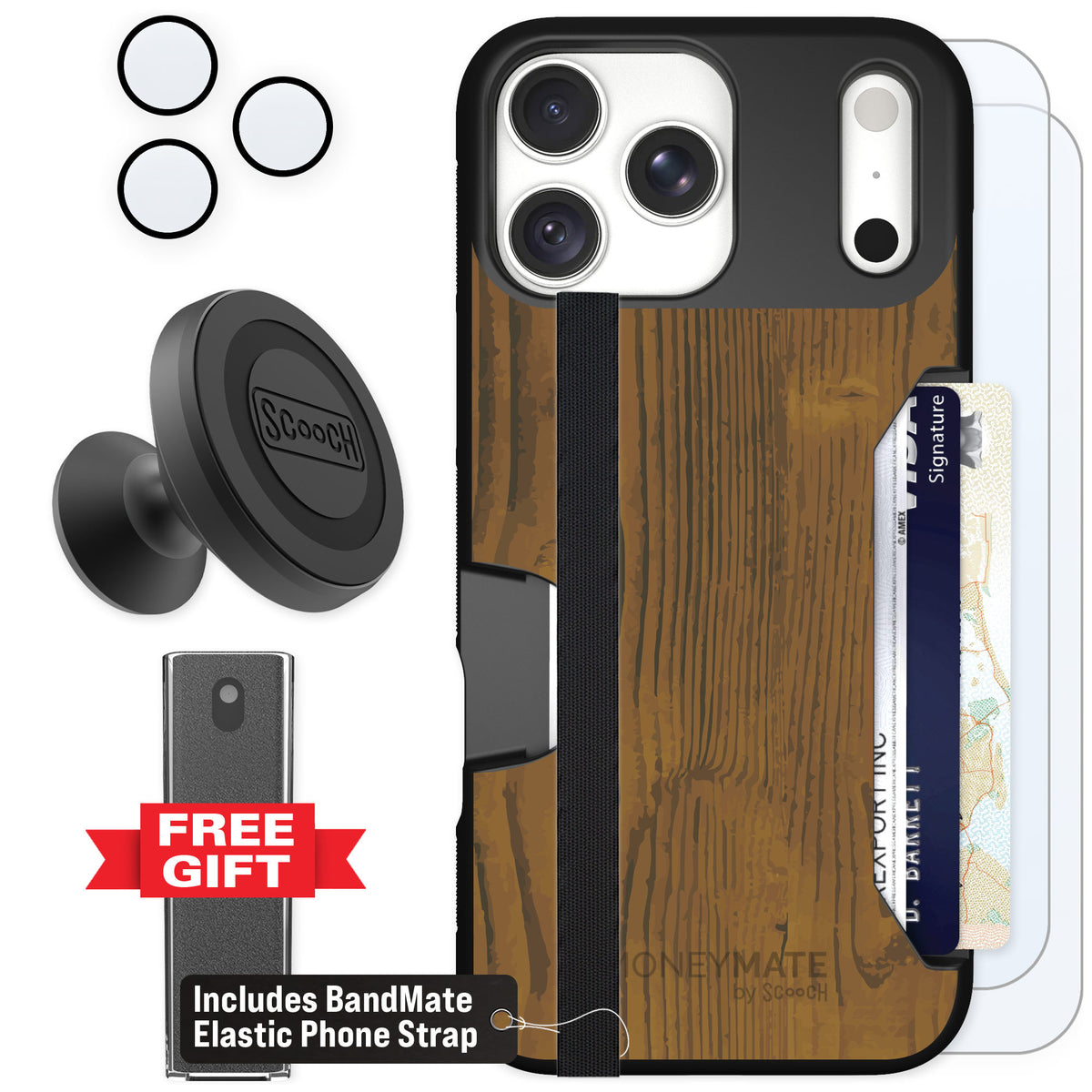 Scooch Moneymate Wood Grain for iPhone 18 Pro Max — Defender Bundle