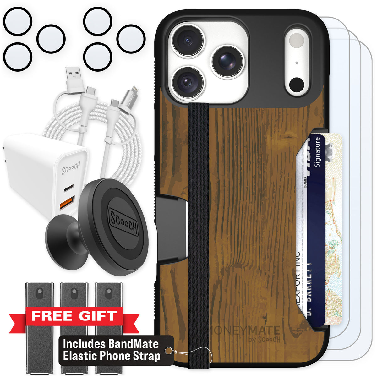 Scooch Moneymate Wood Grain for iPhone 18 Pro Max — Ultimate Bundle