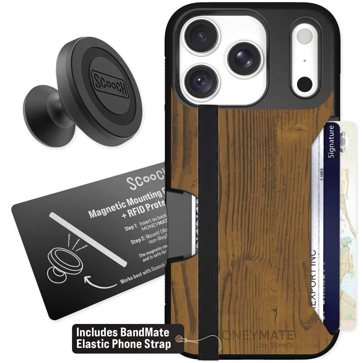 Scooch Moneymate Wood Grain for iPhone 18 Pro — Starter Bundle