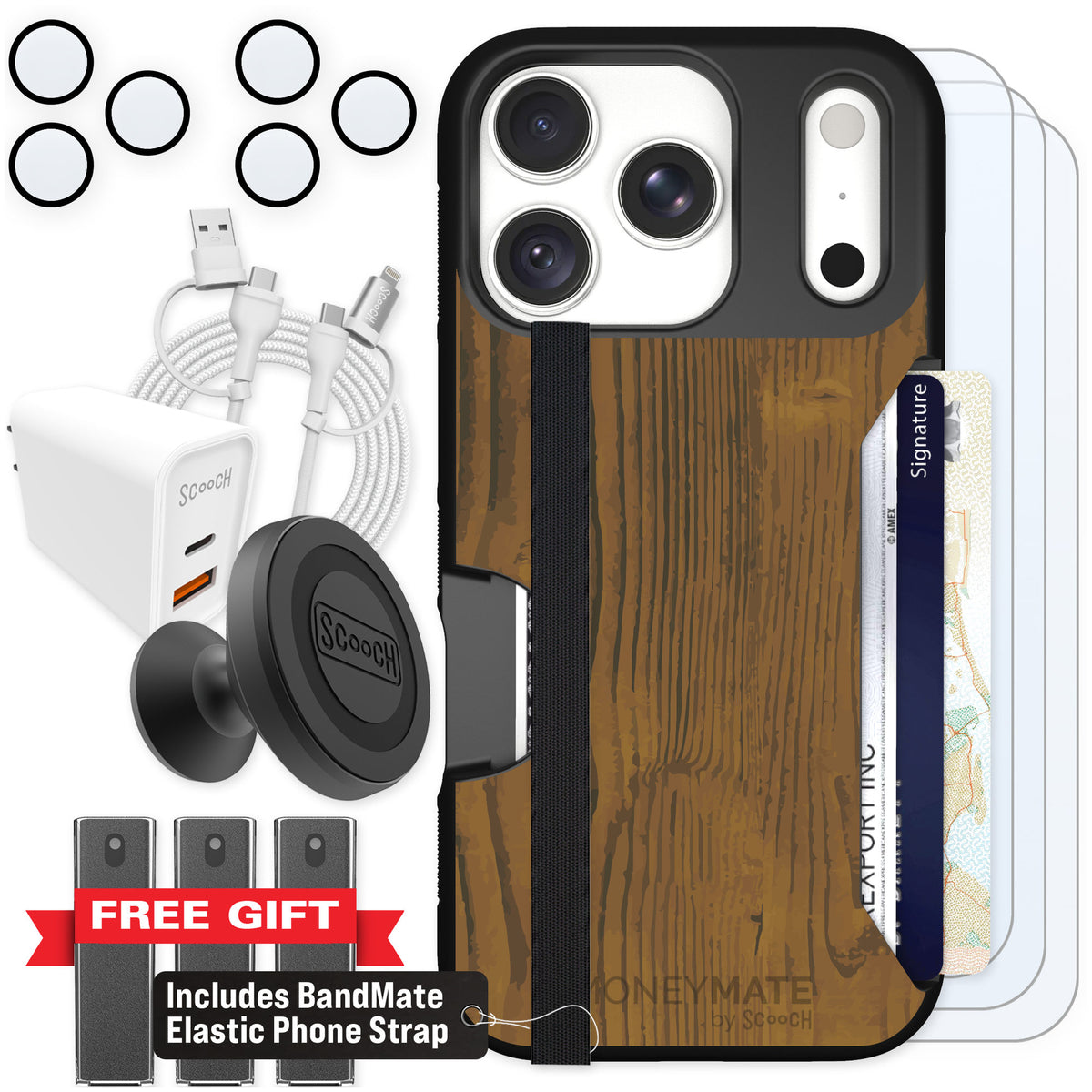 Scooch Moneymate Wood Grain for iPhone 18 Pro — Ultimate Bundle