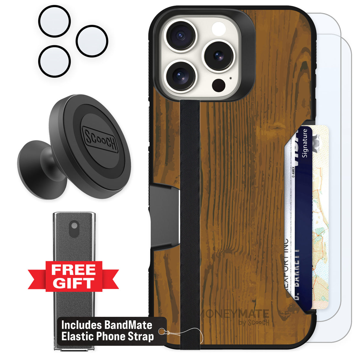Scooch Moneymate Wood Grain for iPhone 16 Pro Max — Defender Bundle