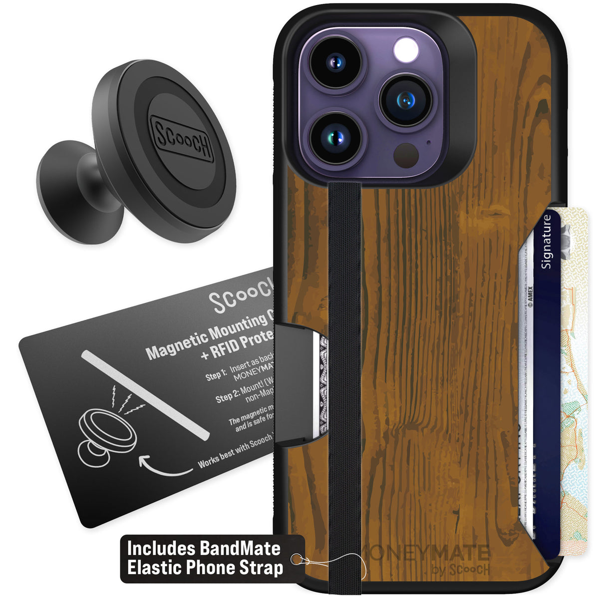 Scooch Moneymate Wood Grain for iPhone 14 Pro — Starter Bundle