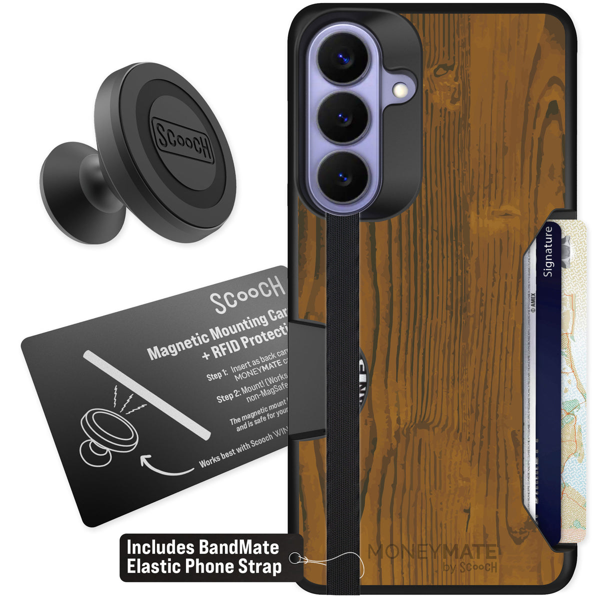 Scooch Moneymate Wood Grain for Galaxy S26+ — Starter Bundle
