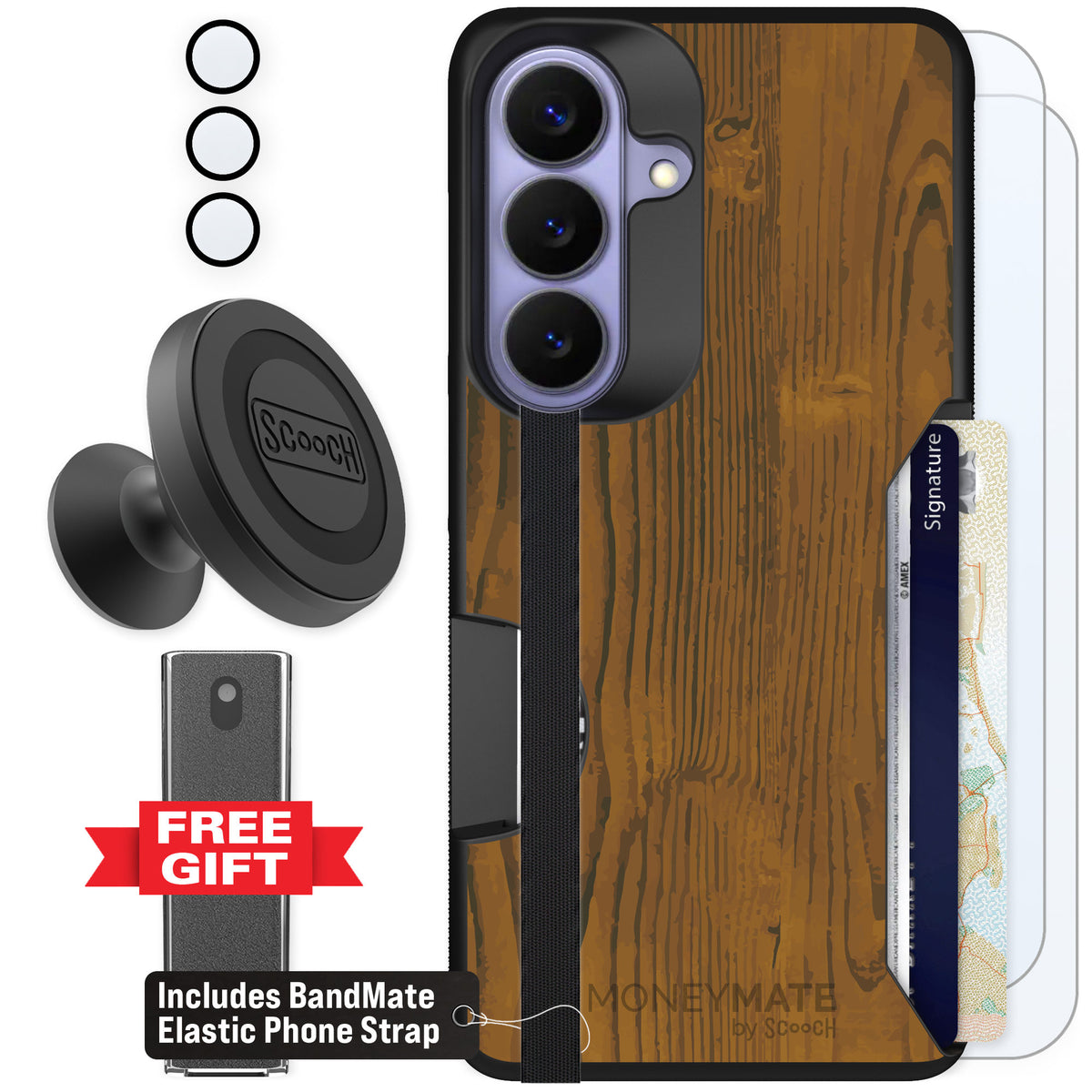 Scooch Moneymate Wood Grain for Galaxy S26 — Defender Bundle