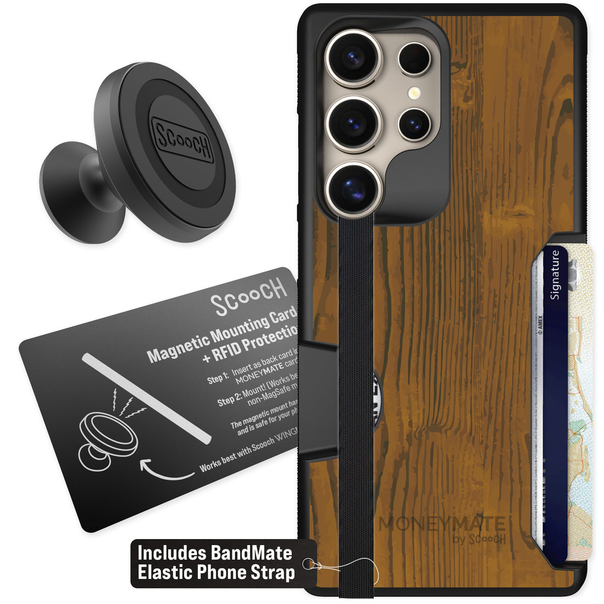 Scooch Moneymate Wood Grain for Galaxy S25 Ultra — Starter Bundle