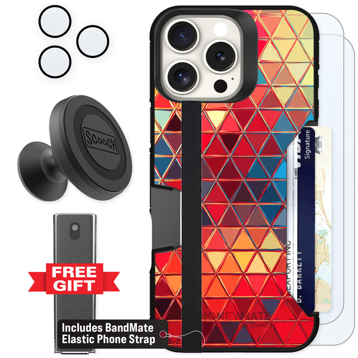 Scooch Moneymate Festive Glass for iPhone 16 Pro Max — Defender Bundle