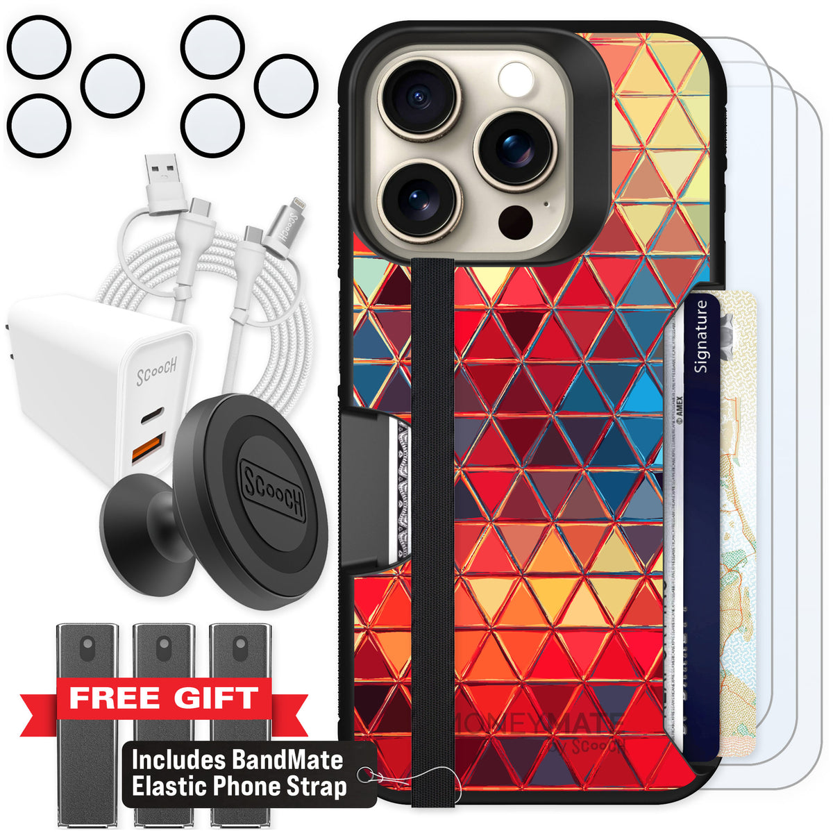 Scooch Moneymate Festive Glass for iPhone 15 Pro — Ultimate Bundle