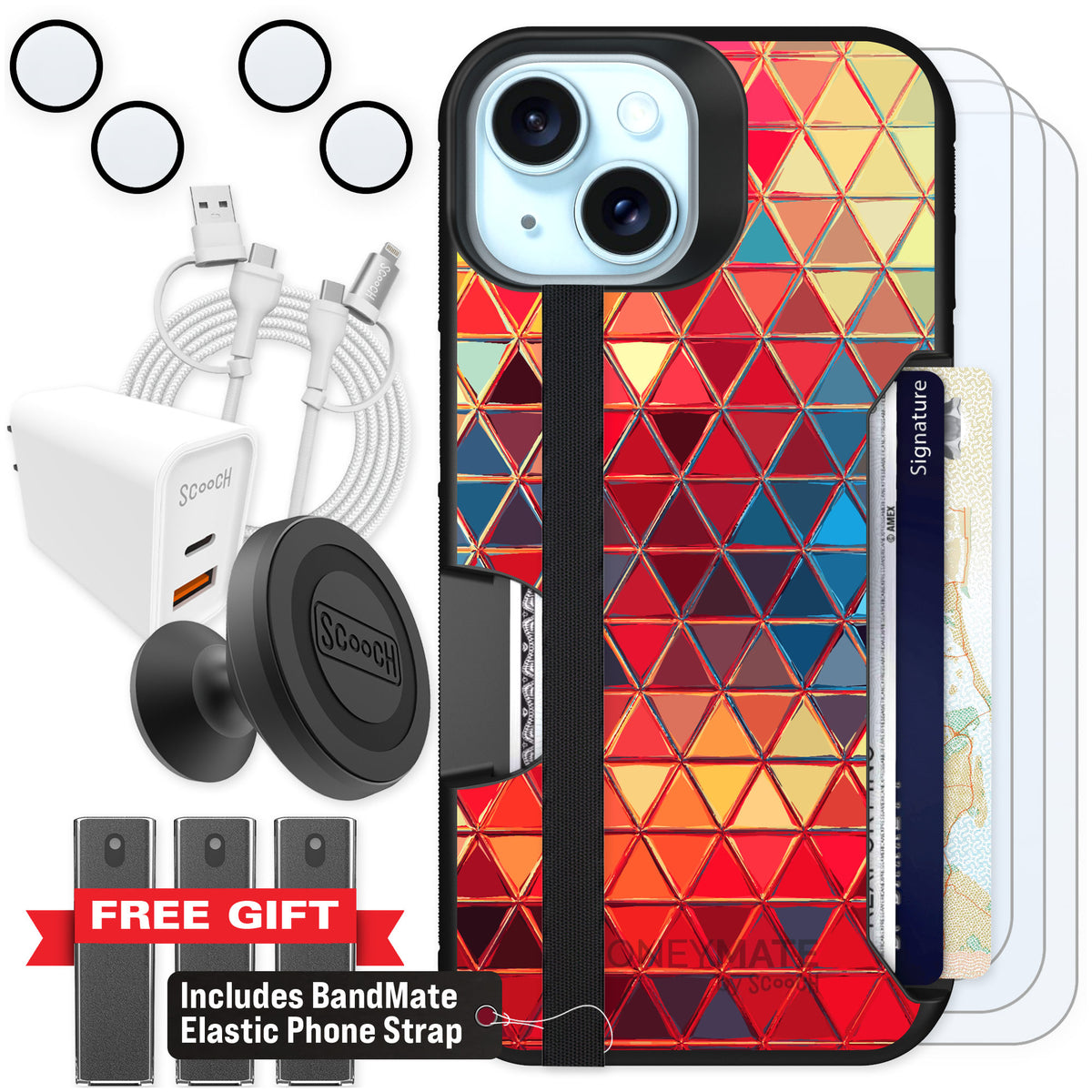 Scooch Moneymate Festive Glass for iPhone 15 — Ultimate Bundle