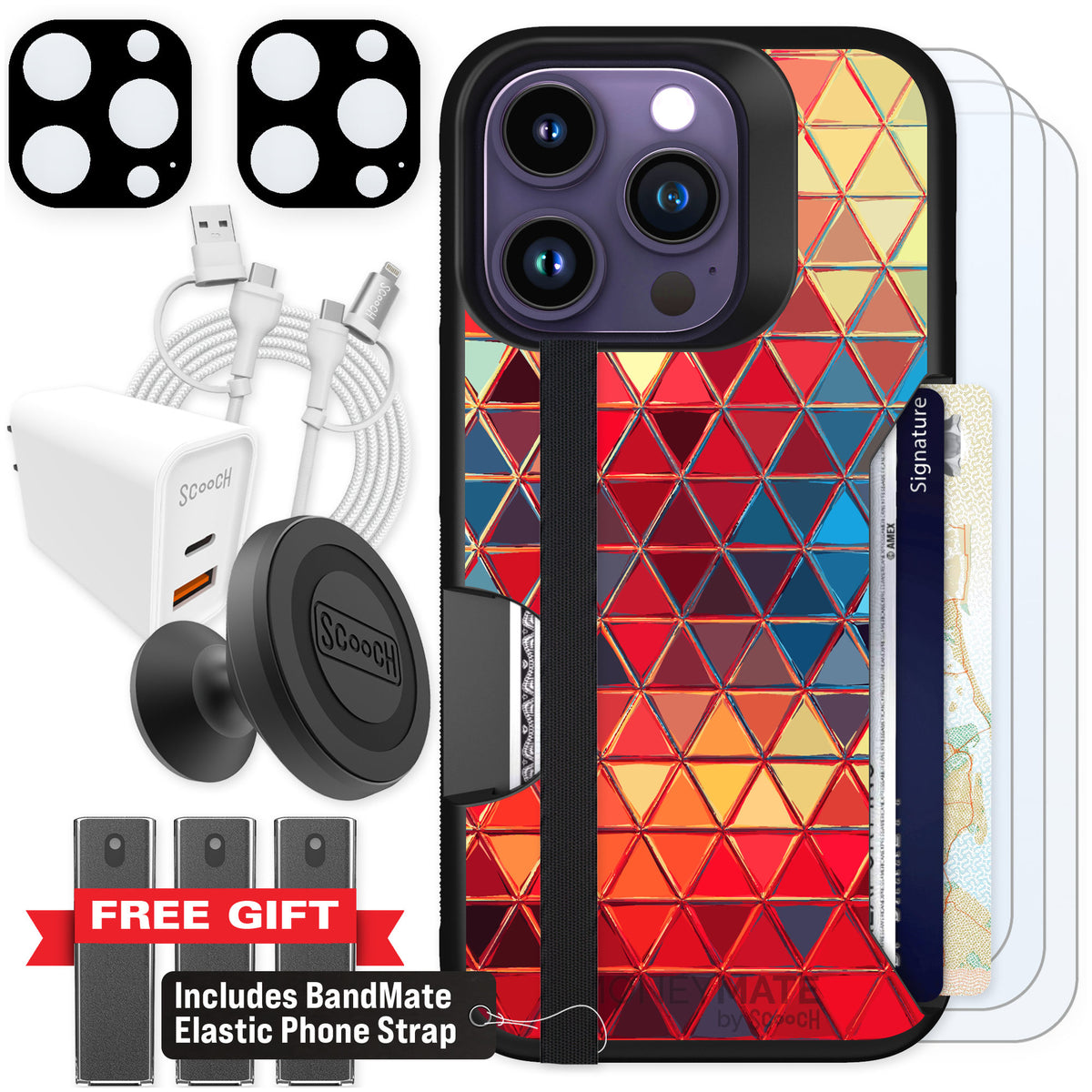 Scooch Moneymate Festive Glass for iPhone 14 Pro — Ultimate Bundle