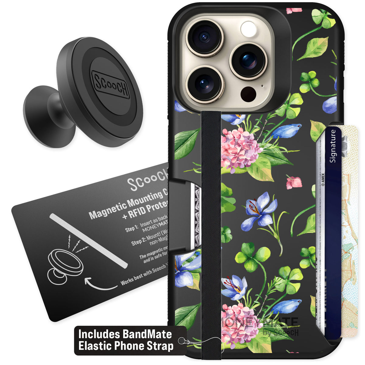 Scooch Moneymate Lucky Hydrangea for iPhone 15 Pro — Starter Bundle