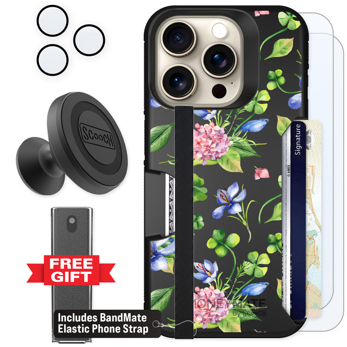 Scooch Moneymate Lucky Hydrangea for iPhone 15 Pro — Defender Bundle