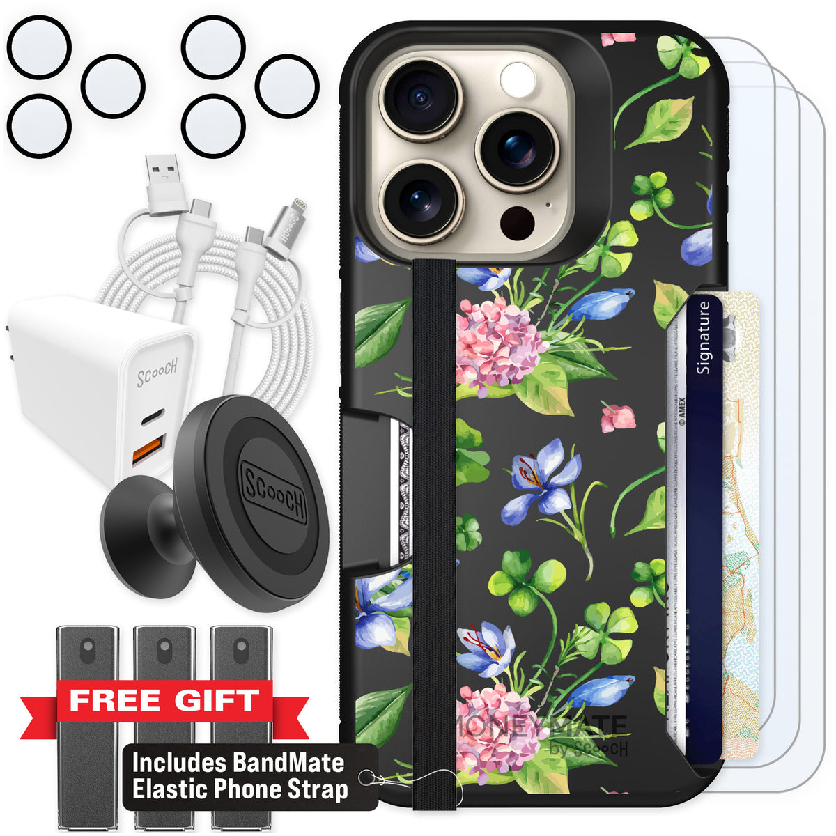 Scooch Moneymate Lucky Hydrangea for iPhone 15 Pro — Ultimate Bundle