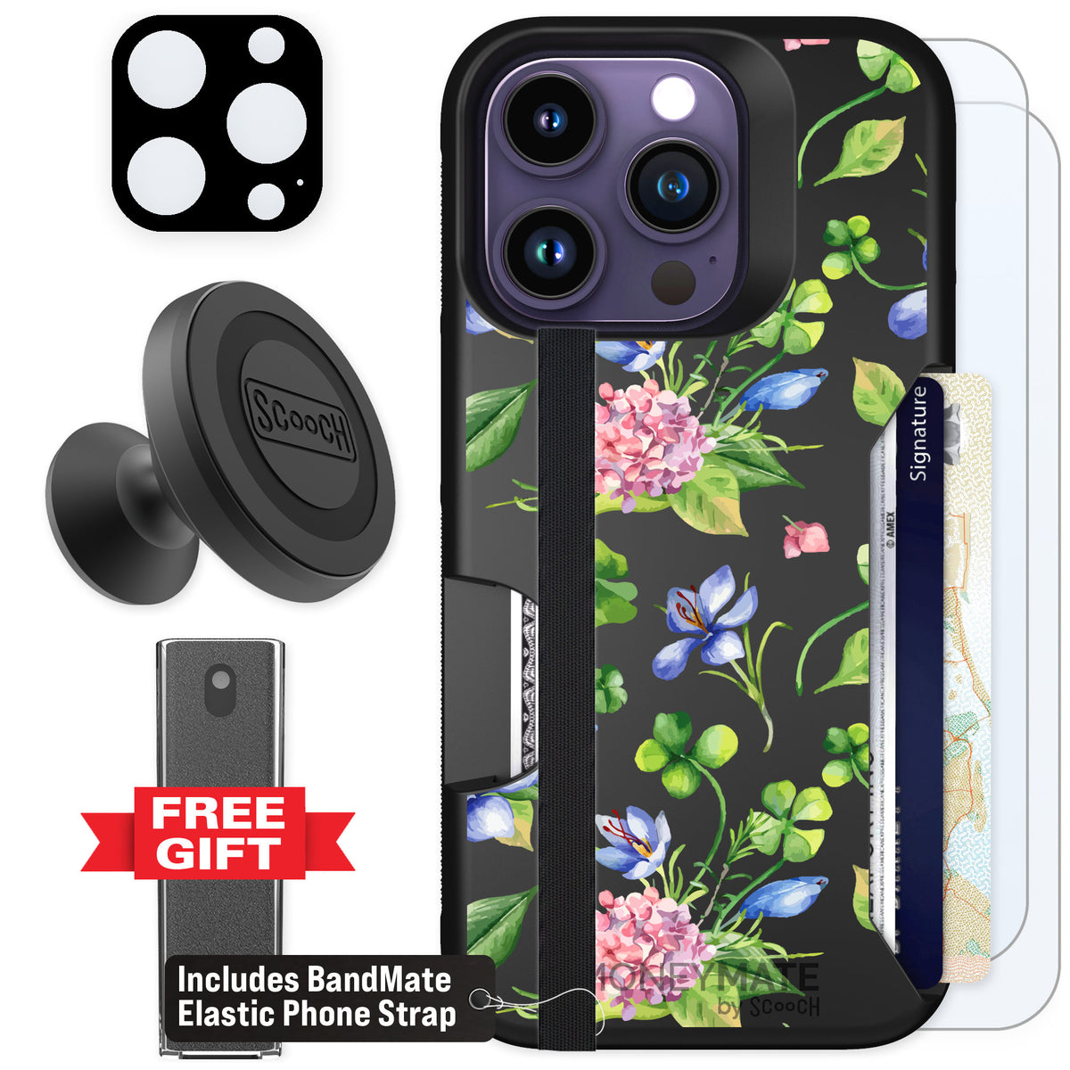 Scooch Moneymate Lucky Hydrangea for iPhone 14 Pro — Defender Bundle