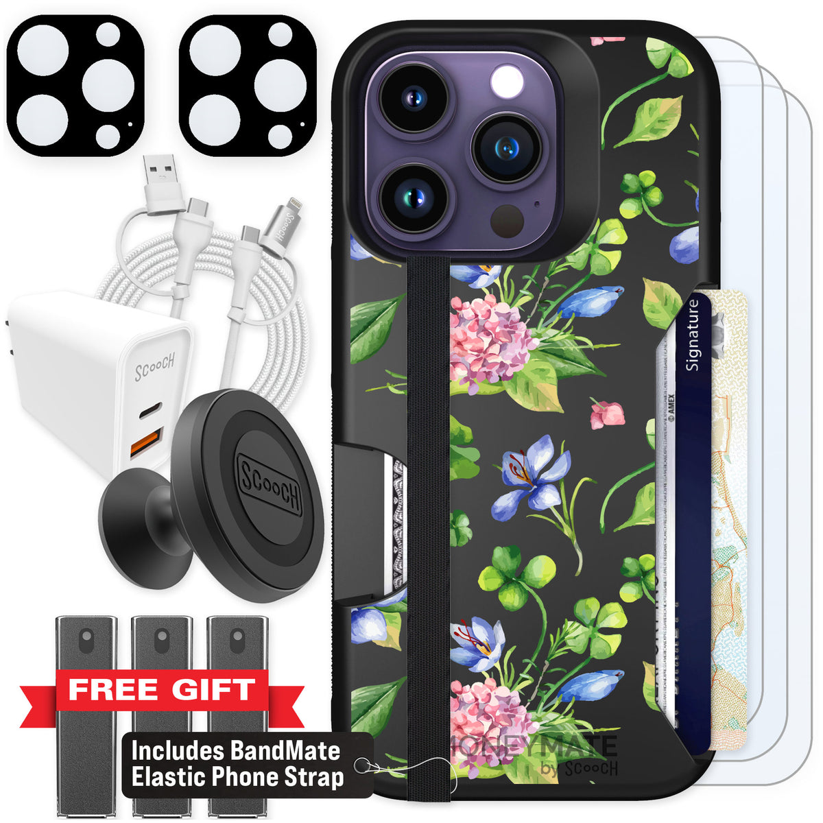 Scooch Moneymate Lucky Hydrangea for iPhone 14 Pro — Ultimate Bundle