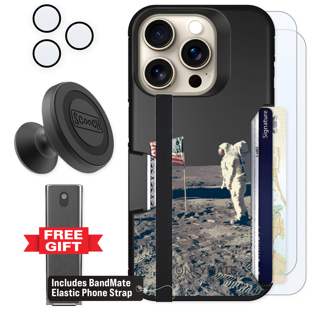 Scooch Moneymate Lunar Landing for iPhone 15 Pro — Defender Bundle