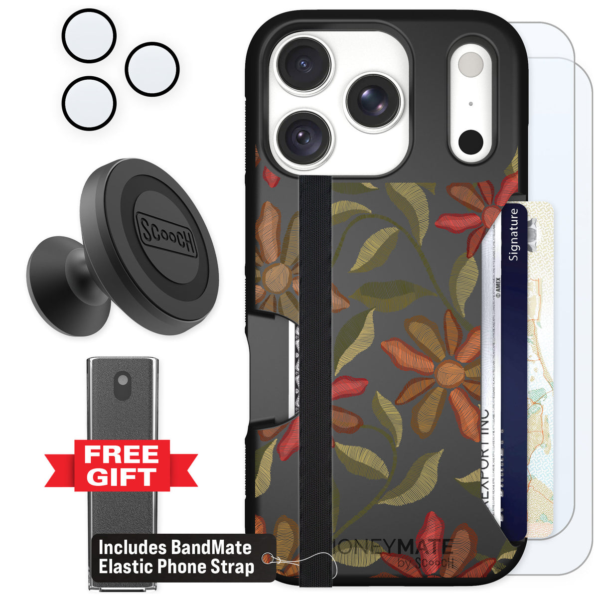 Scooch Moneymate Floral Tapestry for iPhone 18 Pro — Defender Bundle