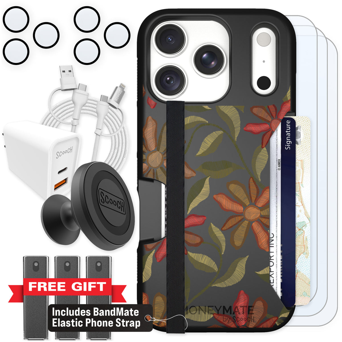 Scooch Moneymate Floral Tapestry for iPhone 18 Pro — Ultimate Bundle