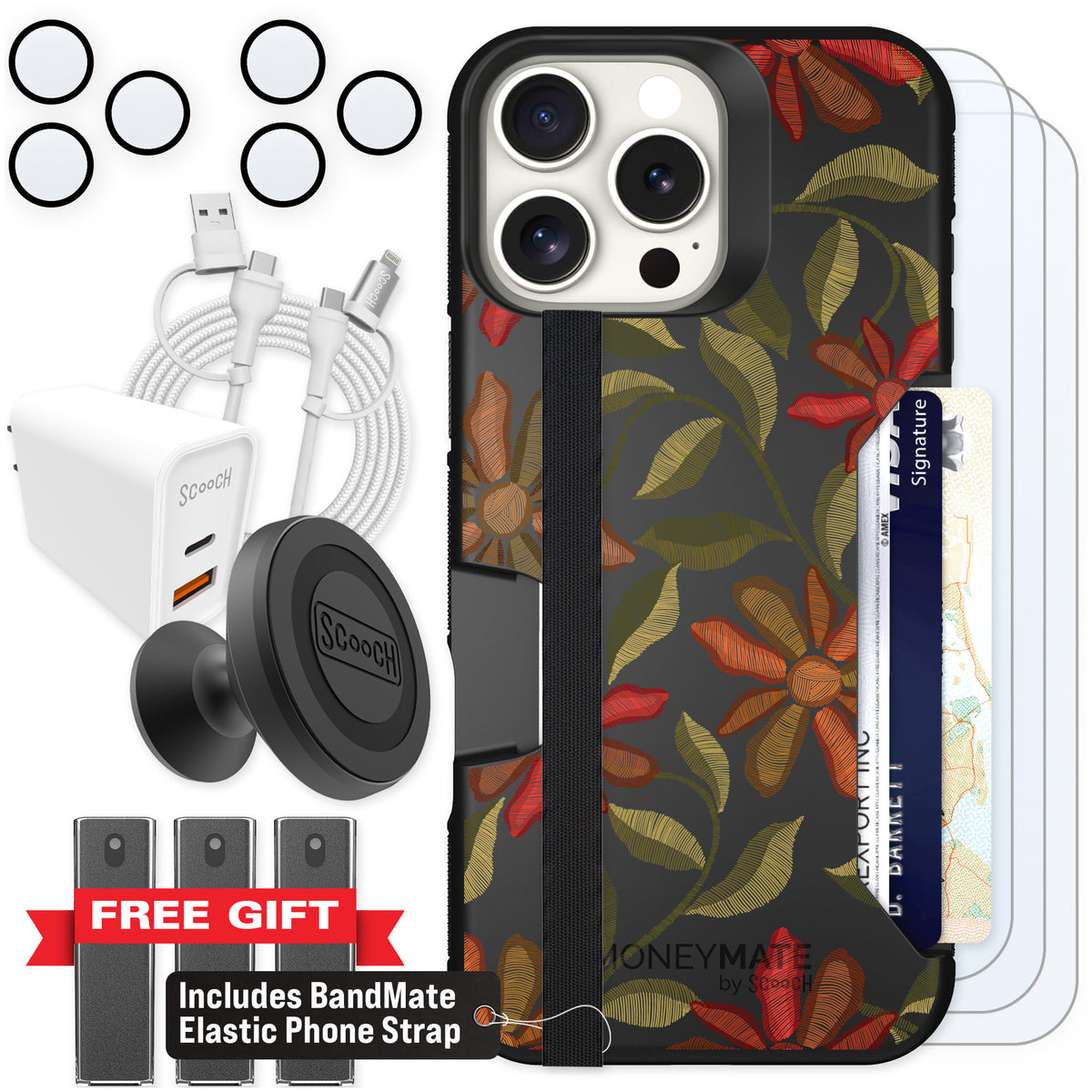 Scooch Moneymate Floral Tapestry for iPhone 16 Pro Max — Ultimate Bundle