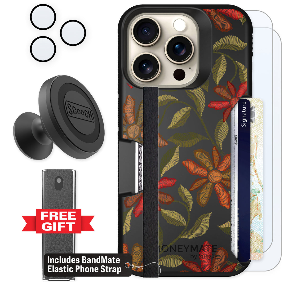 Scooch Moneymate Floral Tapestry for iPhone 15 Pro — Defender Bundle