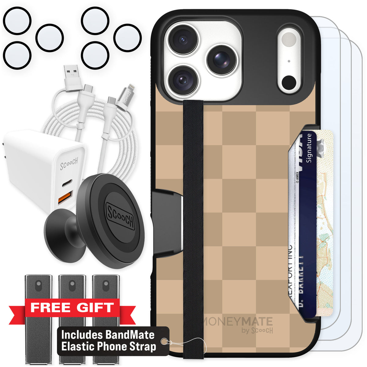 Scooch Moneymate Checkered Beige for iPhone 18 Pro Max — Ultimate Bundle