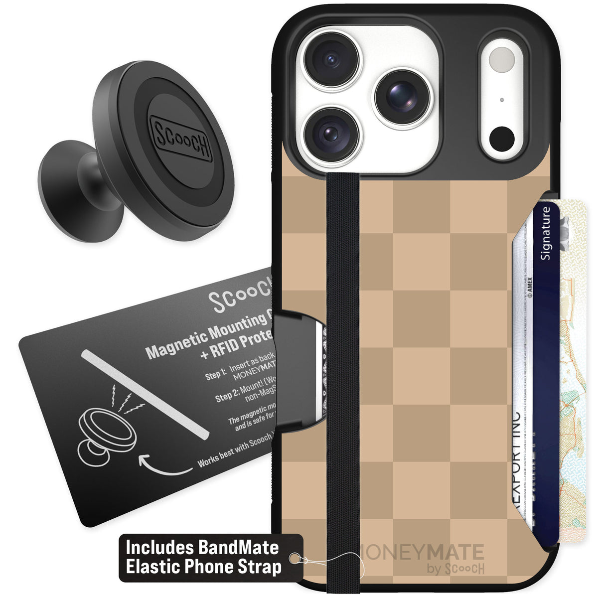Scooch Moneymate Checkered Beige for iPhone 18 Pro — Starter Bundle