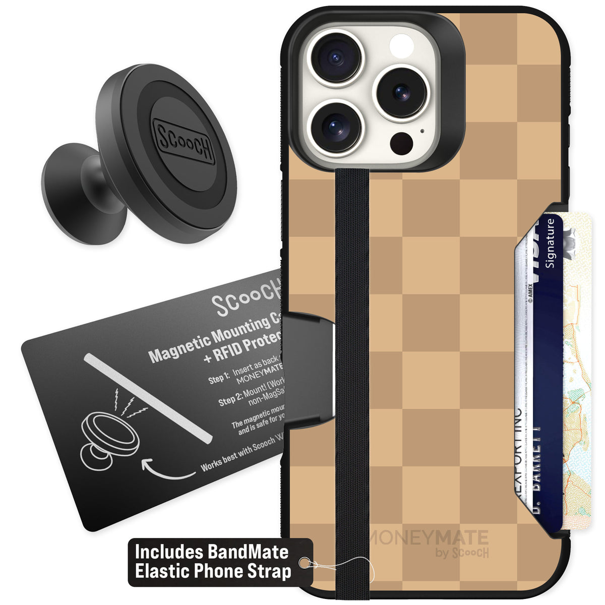Scooch Moneymate Checkered Beige for iPhone 16 Pro Max — Starter Bundle