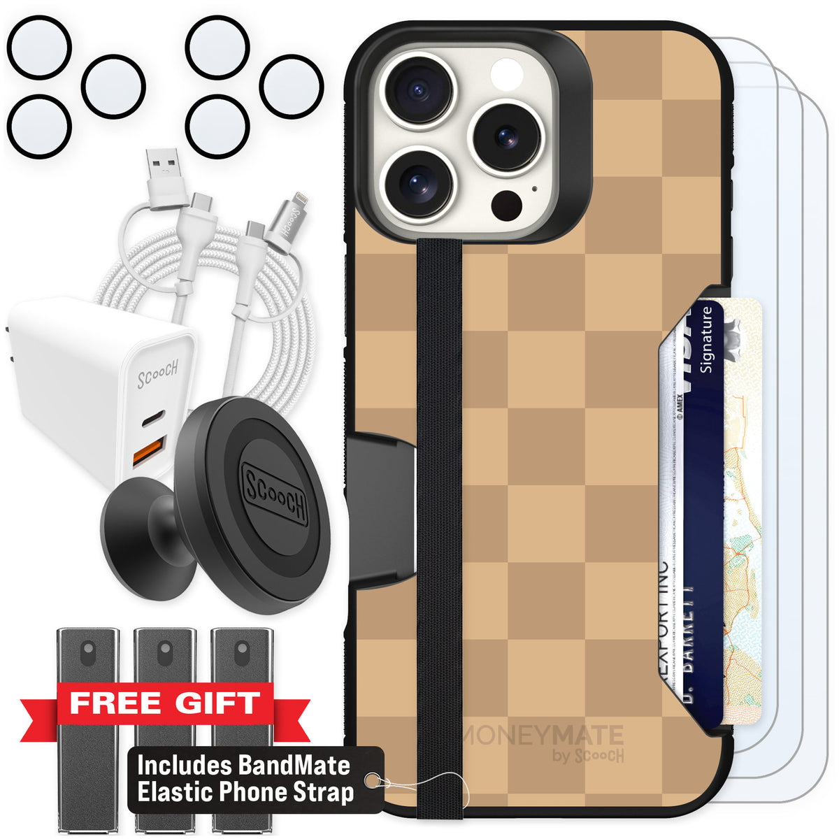 Scooch Moneymate Checkered Beige for iPhone 16 Pro Max — Ultimate Bundle