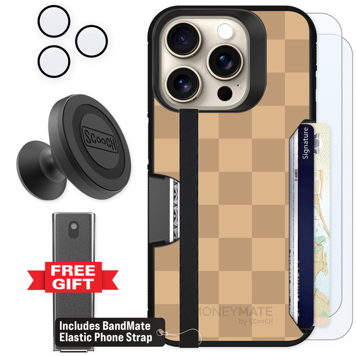 Scooch Moneymate Checkered Beige for iPhone 15 Pro — Defender Bundle