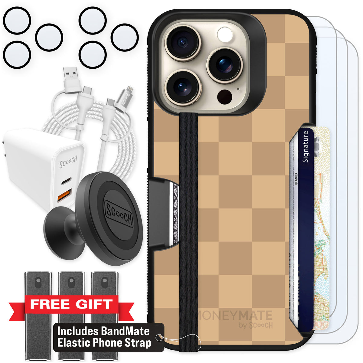 Scooch Moneymate Checkered Beige for iPhone 15 Pro — Ultimate Bundle