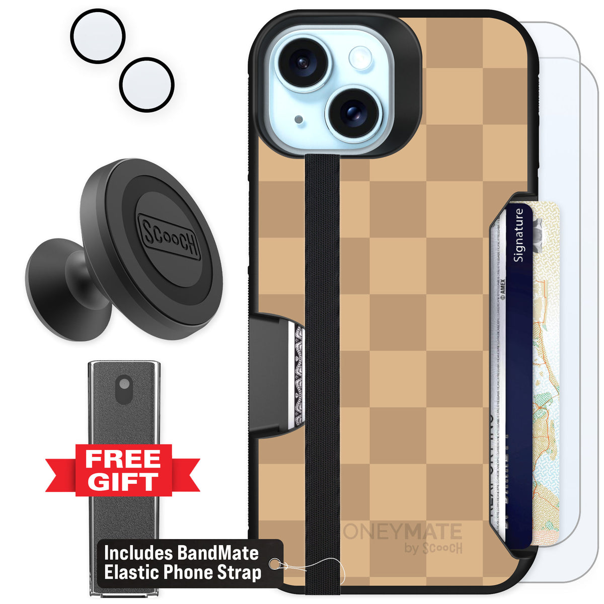 Scooch Moneymate Checkered Beige for iPhone 15 — Defender Bundle