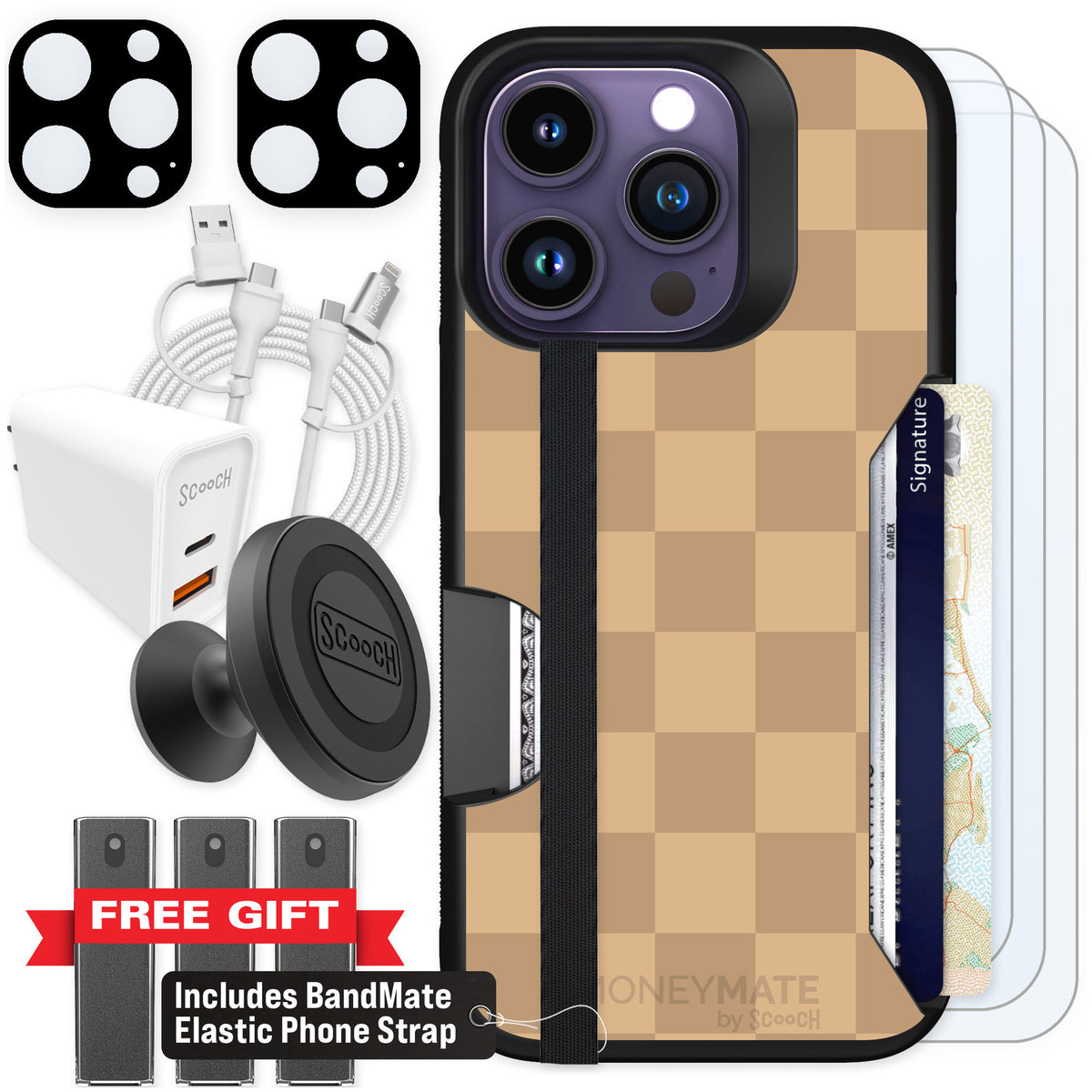 Scooch Moneymate Checkered Beige for iPhone 14 Pro — Ultimate Bundle