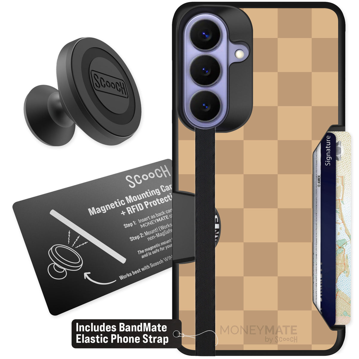 Scooch Moneymate Checkered Beige for Galaxy S26+ — Starter Bundle