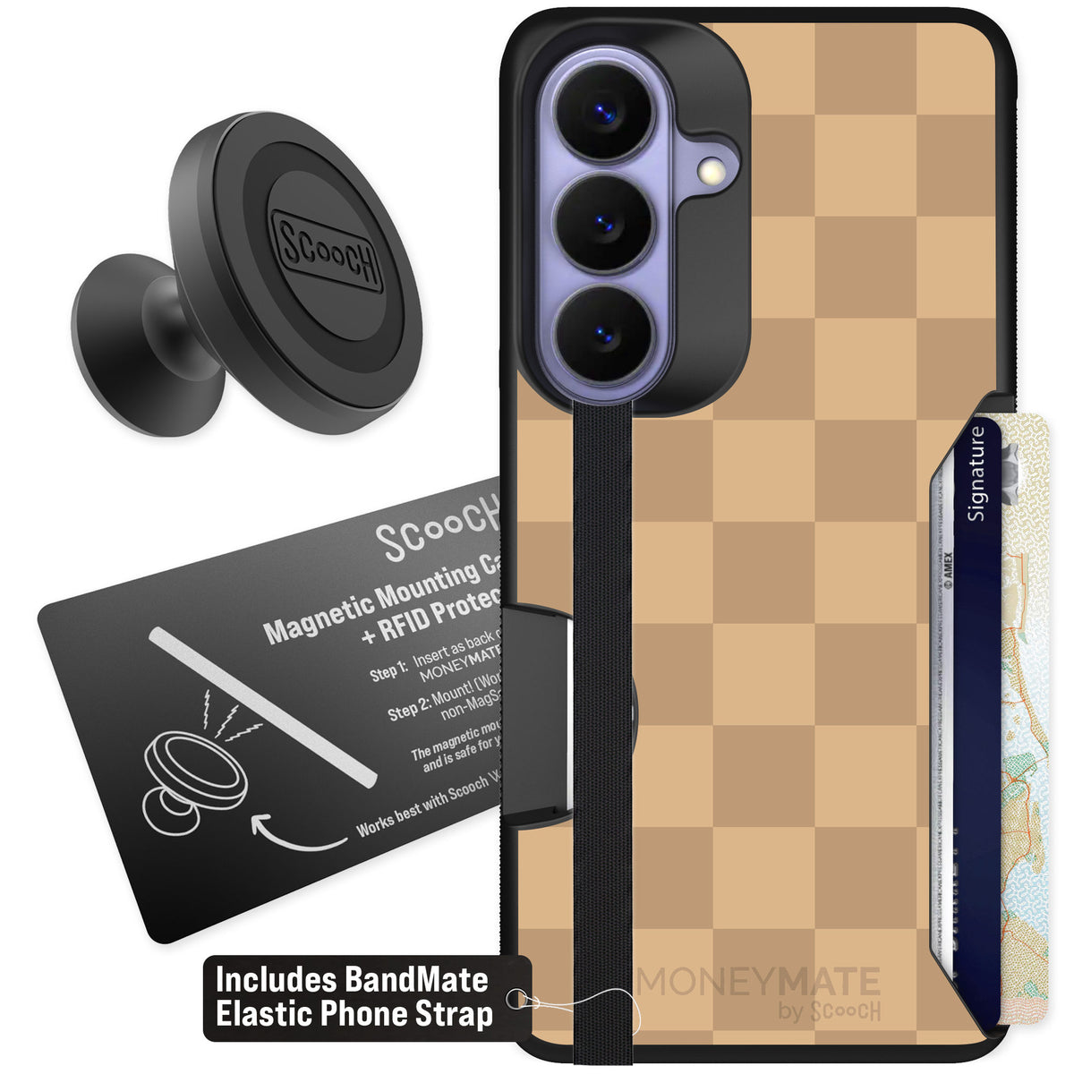 Scooch Moneymate Checkered Beige for Galaxy S26 — Starter Bundle
