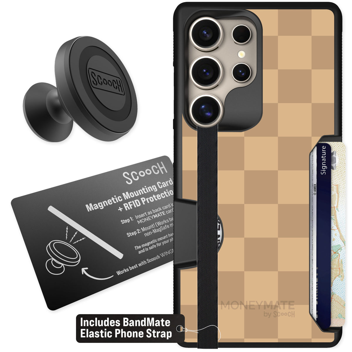 Scooch Moneymate Checkered Beige for Galaxy S25 Ultra — Starter Bundle