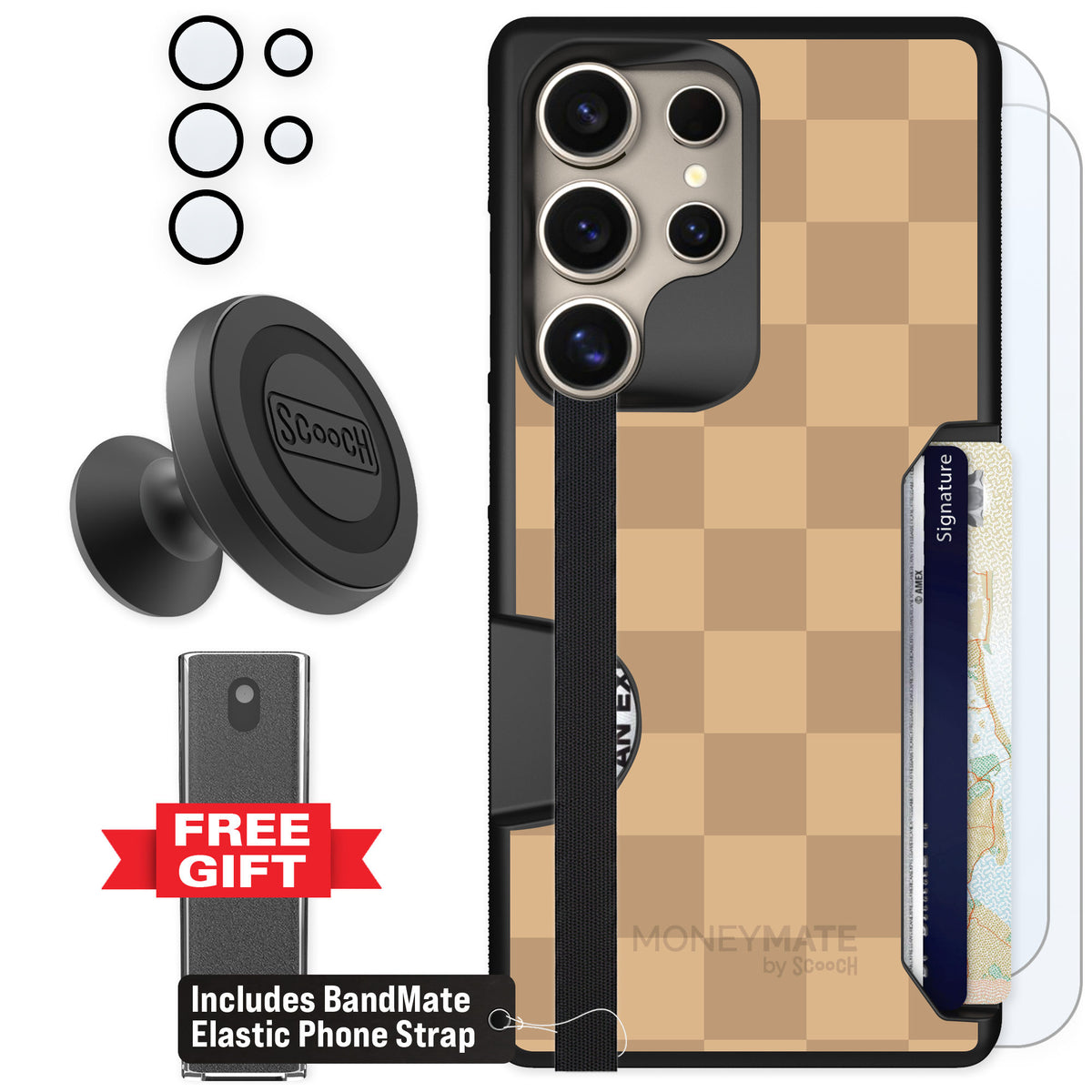 Scooch Moneymate Checkered Beige for Galaxy S25 Ultra — Defender Bundle