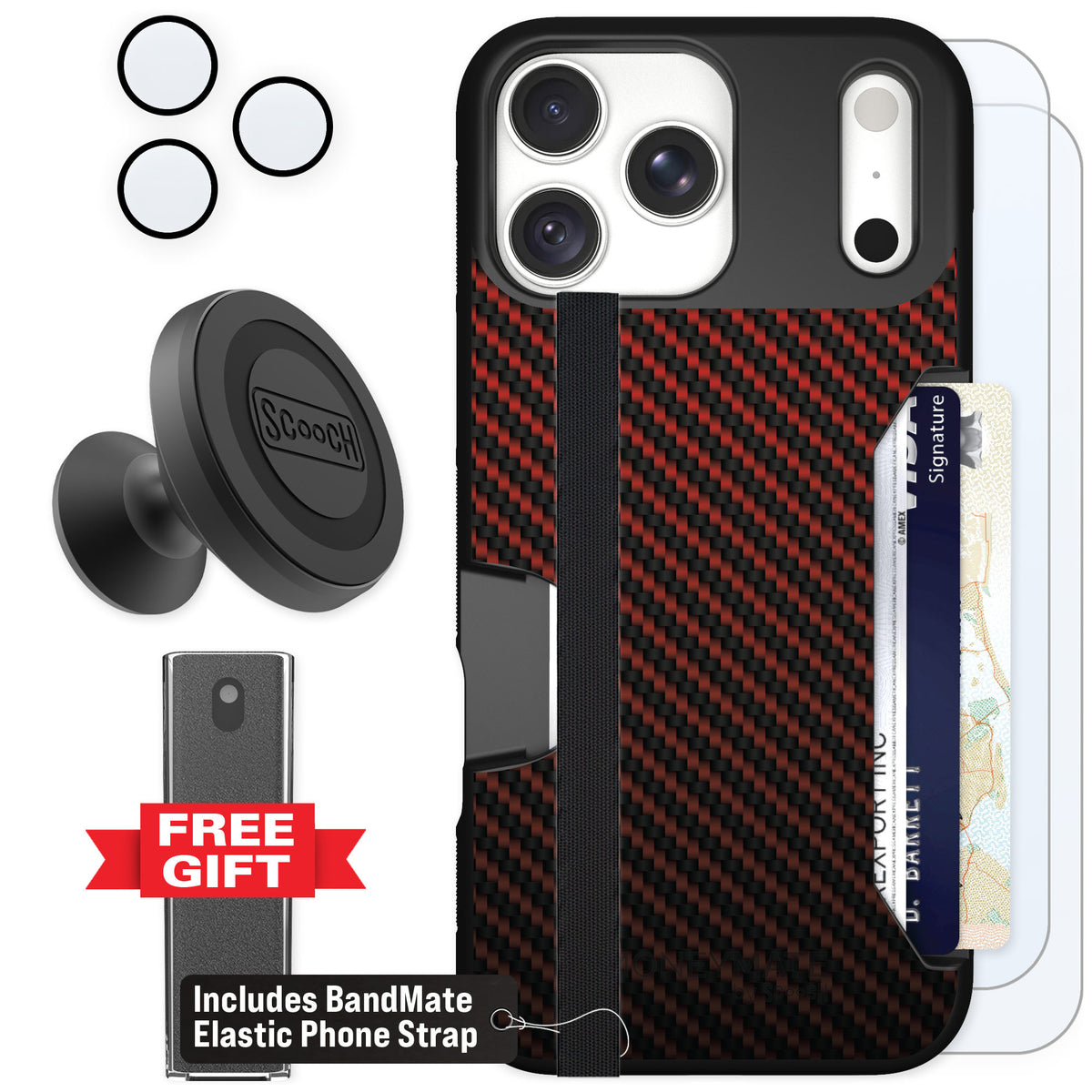 Scooch Moneymate Red Carbon Fiber for iPhone 18 Pro Max — Defender Bundle
