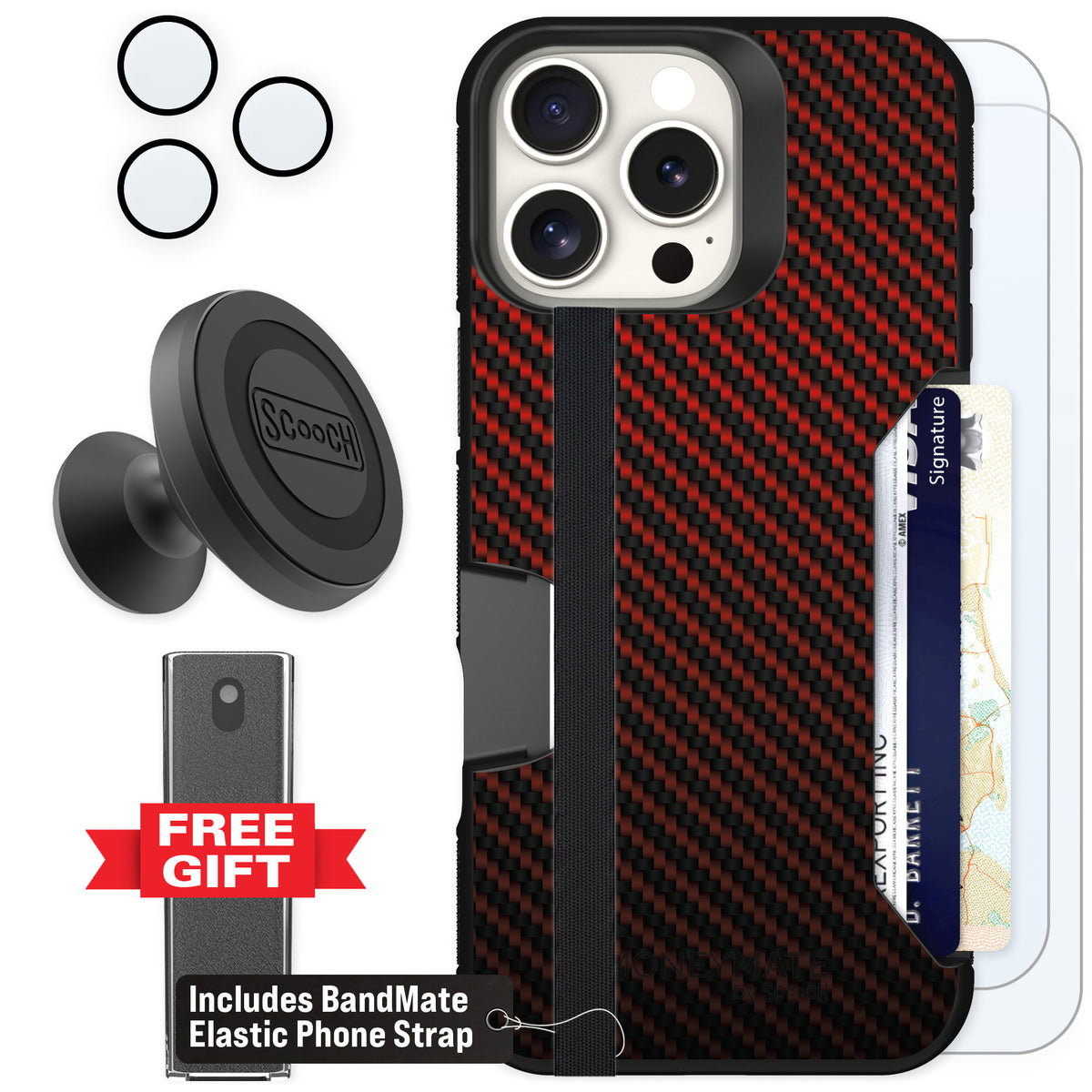 Scooch Moneymate Red Carbon Fiber for iPhone 16 Pro Max — Defender Bundle