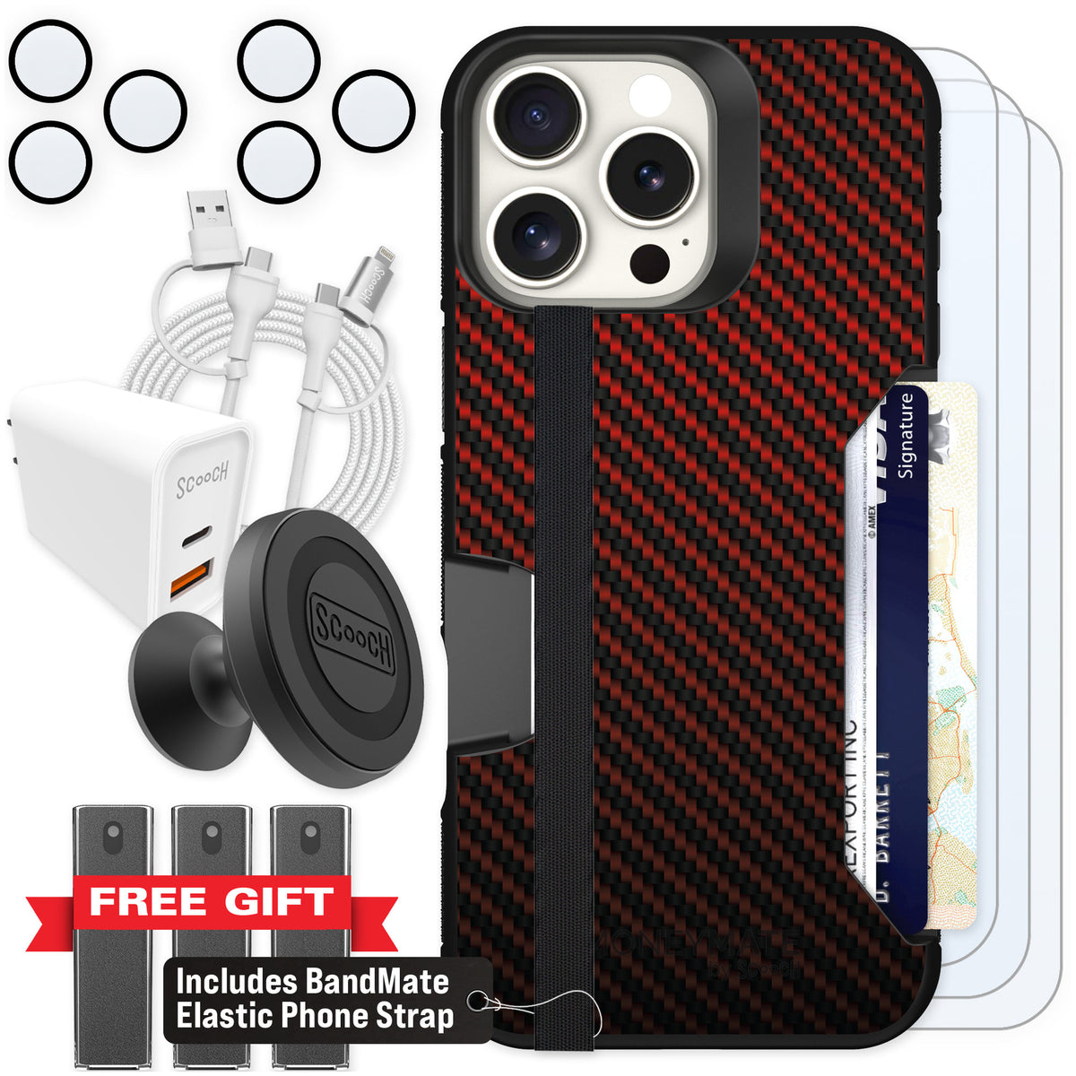 Scooch Moneymate Red Carbon Fiber for iPhone 16 Pro Max — Ultimate Bundle